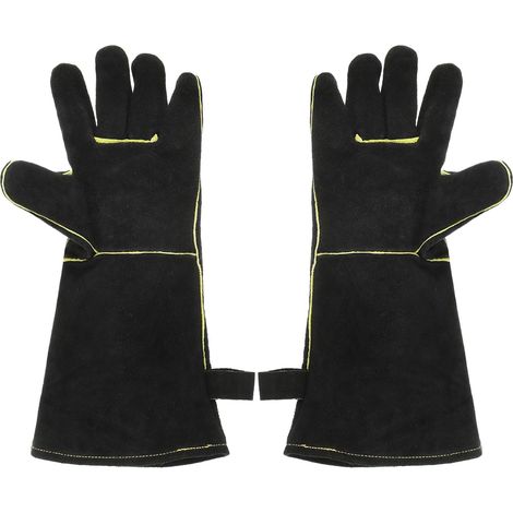 Sollbry 1 par de guantes de soldadura de piel de vacuno A3032 de 40,6 cm, resistentes al fuego y al calor, con mangas largas, para barbacoa, chimenea, horno, cocina y jardinería. (1/5)