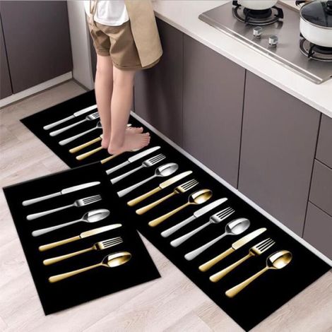 Tapis de Cuisine - 40 x 60 cm et 40 x 120 cm - Noir - Antidérapant - Polyester - Lot de 2 (1/3)