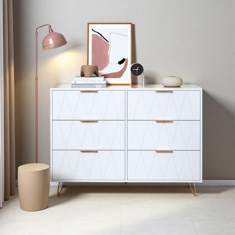Kommode - 6 Schubladen - Weiß - Goldene Füße - Kippfest - 100x34x72.5 cm