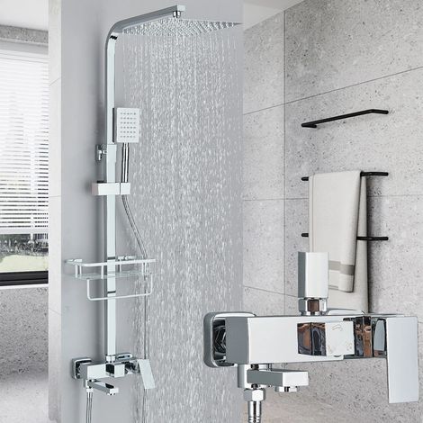 Colonne de Douche avec Mitigeur Ensemble de Douche avec 3 Fonctions Hauteur Réglable Système de Douche à Tête Carrée avec Douchette à Main pour Salle de Bain