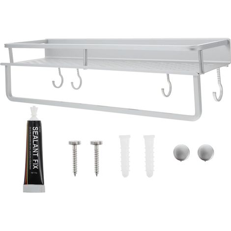 Étagère de rangement murale sans perçage pour salle bain, en aluminium, multi-usage, avec crochet (1/5)
