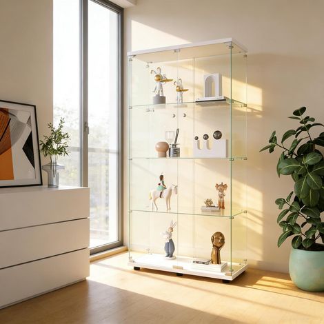 Vitrine haute en verre avec porte et serrure, 4 étagères, blanc (1/5)