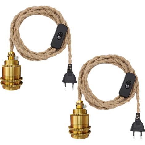 Douille de Lampe E27 avec Câble et Interrupteur, Suspendue Lustre Corde de Chanvre, DIY Suspension Luminaire Lampe Créative Lumière Pendante Industrielle, pour Maison, Chambre, Bar. (B-2PCS) (1/5)