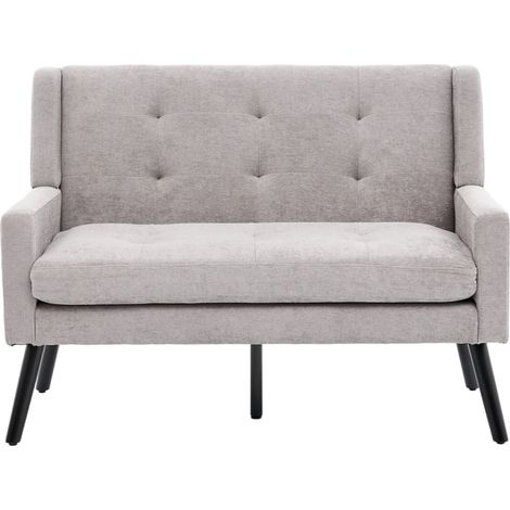 Sofá de 2 plazas de lino gris claro con relleno de espuma de alta densidad y patas de madera (1/5)