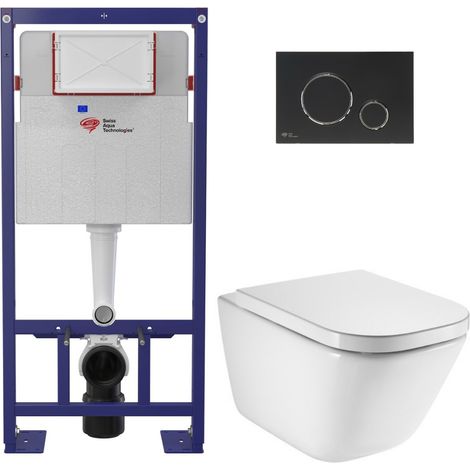 Pack WC bâti-support autoportant + WC suspendu sans bride avec abattant SoftClose + plaque noir mat (STROGAWR07-U)