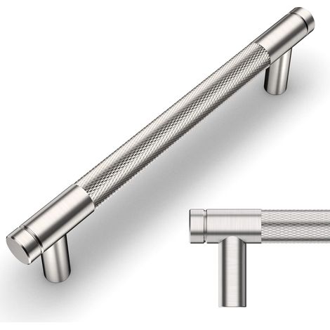 Set aus 2 gerändelten Möbelgriffen in gebürstetem Nickel-Satin, 128 mm Lochabstand, für Schubladen, Kommoden, Schränke und Küchenschränke