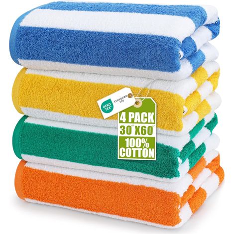 Grandes Serviettes de Plage sur Piscine Cabana Stripe 76 x 152 cm 100 pour cent Coton filé Douces et à séchage Rapide Lot de 4 Bleu (1/5)