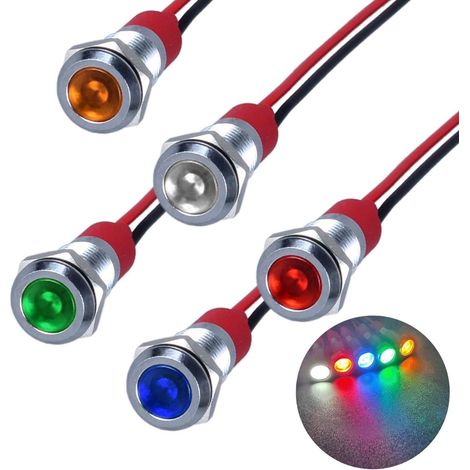 5pcs 110V-220v 8mm DC Voyant Led En Metal,Led Indicateur Panneau,Temoin Lumineu, Pour Van,Bateau Et Autres Vehicules Universel(vert jaune rouge bleu blanc) (1/5)