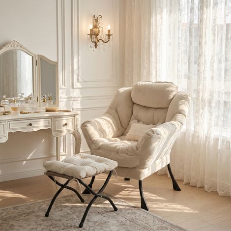 Fauteuil télé inclinable avec pouf, repose-jambes, accoudoirs, poche de rangement latérale et coussin, modèle lounge à oreilles pour salon, chambre ou bureau (Beige)