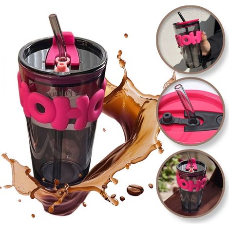 Ecarla Farbglasbecher mit Strohhalm und Verschluss, 450 ml, Hoh CUP14 (1/4)