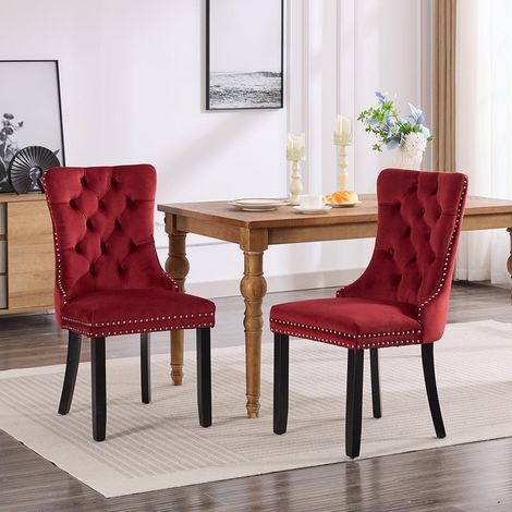 Ensemble de chaises de salle à manger, avec pieds en bois et garniture à clous, revêtement en velours, structure en bois massif,Rouge (1/5)