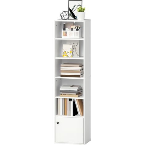 Sechsstöckiges Bücherregal mit drei verstellbaren Einlegeböden und einem Schrankfach. Modernes Design, 40 x 30 x 156 cm, weiß. (1/5)