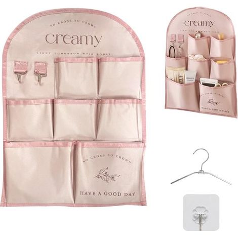 Solidchoice，mesita de noche colgante，organizador de pared con 7 compartimentos，estilo fresco y compacto，bolsa de tela，54,5 x 35 cm，rosa