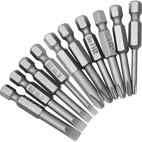 Lot de 10 embouts de tournevis cruciformes et à tête plate - 50 mm - Embouts magnétiques Phillips et tête plate - En acier S2 - Tige hexagonale - PH1 PH2 (1/5)
