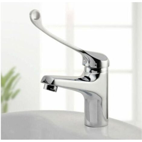 Basin mixer tap with medical handle, accessible bathroom tap, chrome, silver (1/4)