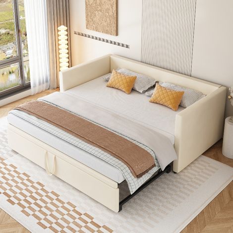 Canapé-lit gigogne extensible 90x200 à 180x200 cm avec sommier à lattes, banquette lit capitonnée en velours beige gain de place (1/5)