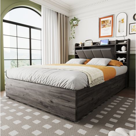 Bett 140x200 cm grau aus MDF mit hydraulischem Stauraum, Kopfteil mit Ablagefächern und USB-C-Steckdose (1/5)