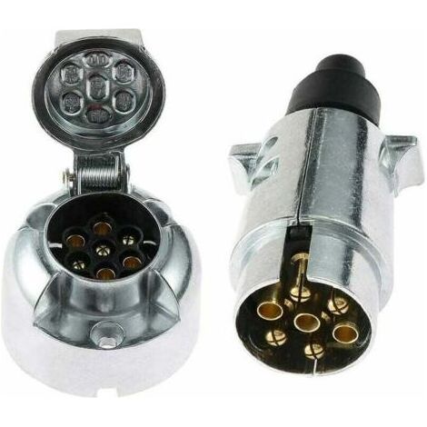 Prise Remorque 7 Broches Mâle Métal Et Prise Remorque 7 Broches Femelle Métal,12V Adaptateur Prise pour Remorque 7 Broches fiche Attelage remorque 7 Broches mâle Aluminium Étanche(SKM0701) (1/5)