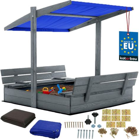 KOTARBAU® Bac à Sable Enfant Extérieur Bois de Pin 120x120 cm Gris Bac à Sable avec Couvercle et Bancs Pliables Protection Solaire avec Toit Bleu