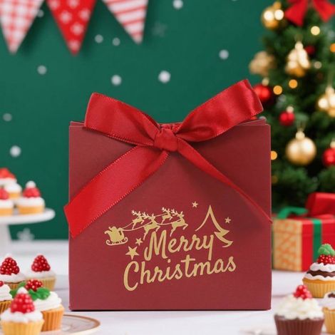 Lot de 10 petits sacs cadeaux « Merry Christmas » bordeaux avec nœud en ruban, vin rouge (bordeaux) (1/4)