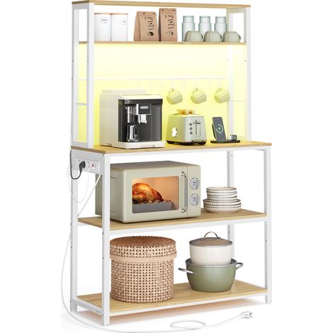 Étagère de Cuisine avec LED, Meuble de Cuisine avec Multiprise, Support pour Micro-ondes avec Étagères Réglables, 8 Crochets, 40 x 80 x 168,4 cm, Doré Chêne et Blanc Mat (1/5)