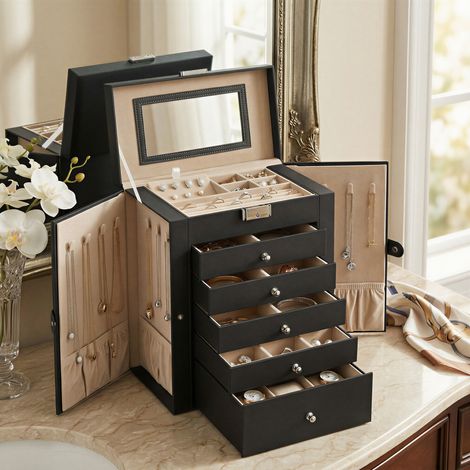 Boîte à Bijoux 6 Niveaux, avec 5 Tiroirs, Grande Capacité de Stockage, avec Miroir, Verrouillable, Coffret à Bijoux, Cadeau, Pour Montres, Noir (1/5)