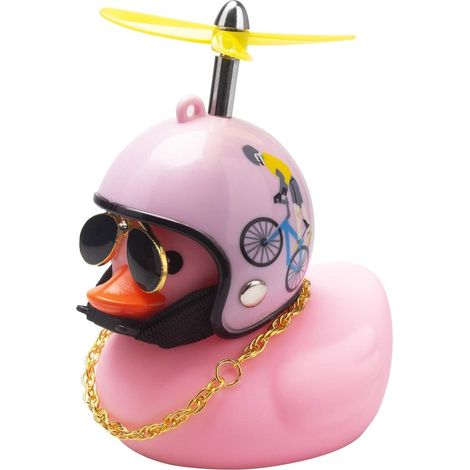 Decoraciones para el salpicadero del coche con forma de pato rosa，adornos de coche con forma de pato de goma，cadena dorada (bicicleta rosa)