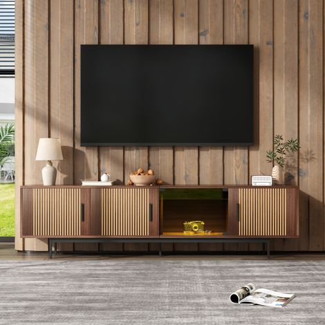 Meuble TV 200 cm brun noyer et noir avec LED et 4 portes dont une en verre trempé pour salon (1/5)