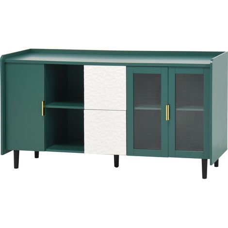 ELVMI Sideboard mit 2 Schubladen, 2 offenen Fächern und 2 Glastüren für Küche und Wohnzimmer aus MDF Grün (1/4)