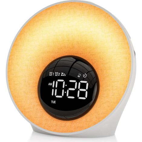 Réveil Simulateur d'Aube, Reveil Lumineux avec 2 Alarmes, Snooze 7 Sonneries/30 Sons Naturels/Minuterie, Reveil Matin Lampe de Chevet avec 8 Couleurs Veilleuse, Cadeaux pour Enfants Adultes (1/5)