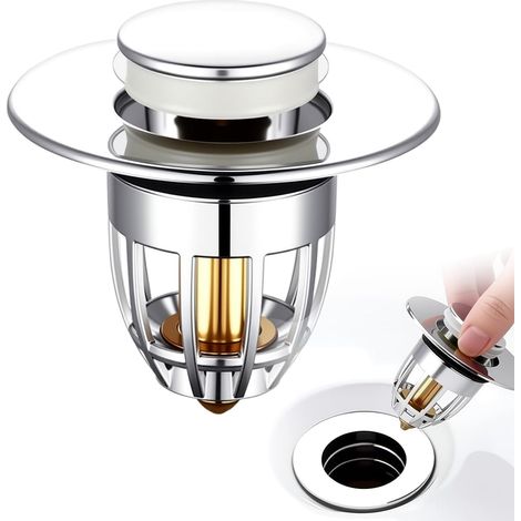Bath Plug Replacement - Brass Pop Up Sink Stopper with Hair Catcher Basket, Push Type Drain Strainer, No Overflow, Fits 34-40mm Basin & Bath (1PC) (1/5)
