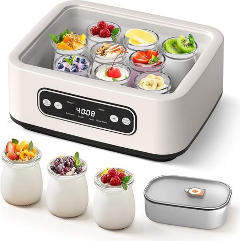 Yaourtière avec pot intérieur en acier inoxydable 304 de 1,6 L et 9 tasses portables, machine à yaourt 4 en 1 avec fonction PTC et minuterie pour yaourt fait maison, natto, vin de riz (1/5)
