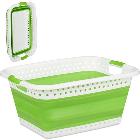Relaxdays panier à lessive pliable, plastique, silicone, corbeille à linge peu encombrante, HlP 27x61x45,5cm, vert clair (1/5)