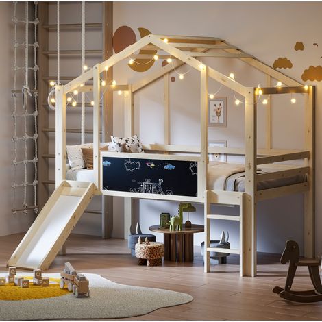 MEUBLIV Letto a soppalco per bambini 90x200 cm in legno naturale, con scivolo, senza materasso (1/5)