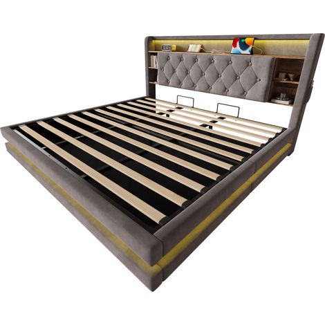 Polsterbett 180x200 cm aus dunkelgrauem Samt mit Bettkasten, LED und USB (1/5)
