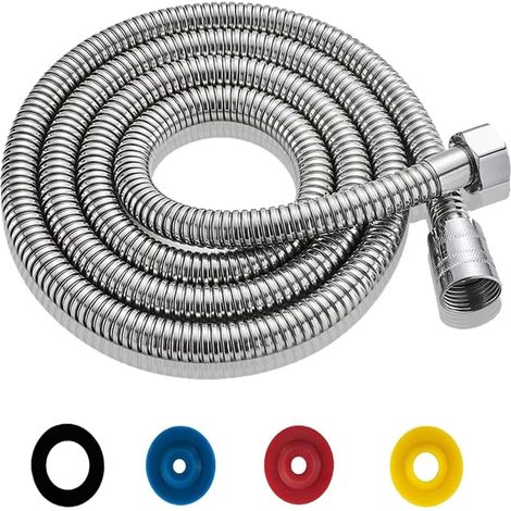 Flexible Douche Universel 2M/79IN Flexible de Douche Argent Tuyau de Douche en Acier Inoxydable Raccord Fileté Universel G1/2" Flexible Douchette avec 4 Limiteur de Débit d'eau(connecteur en laiton) (1/5)