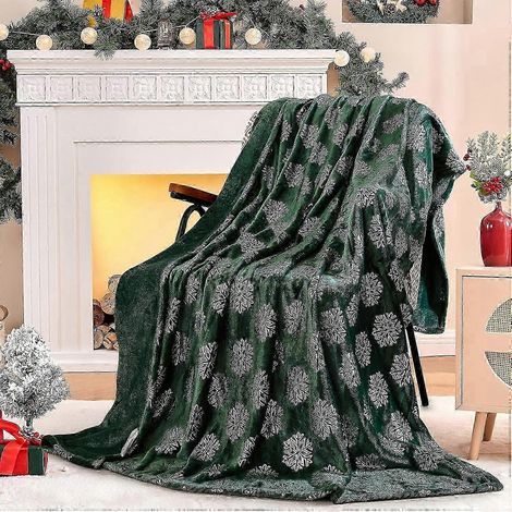 Couverture de Noël, jeté de lit en flanelle verte à flocons de neige argentés métallisés, ultra douce et chaude, idéale pour les fêtes d'hiver. Compatible avec (1/5)