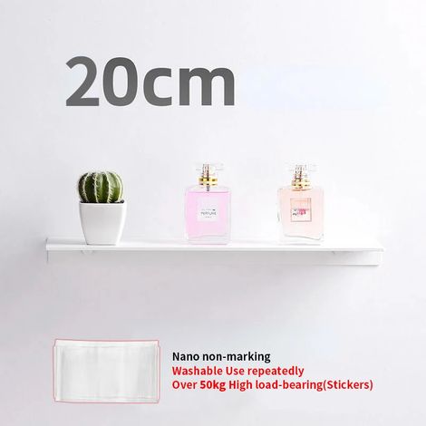 (Blanc - 20 cm) Petite étagère murale flottante blanche sans perçage pour salle de bain, porte-shampoing et accessoires de cuisine. (1/5)