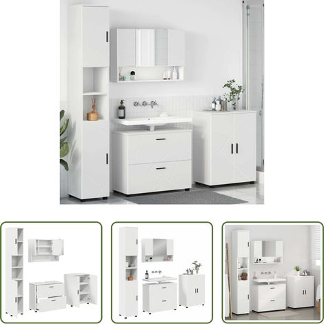 vidaXL Badezimmer-Spiegel - Badezimmermöbel-Set mit Regal 4 pcs Weiß Sperrholz und Metall (1/5)