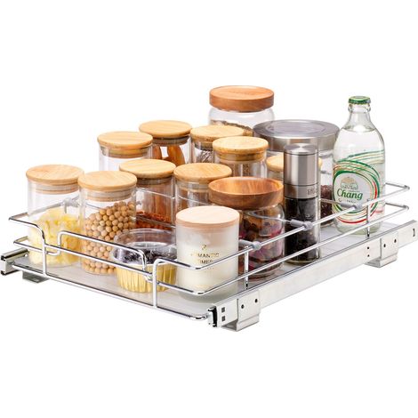 Rangement sous Évier 315x420x85 mm 1 Étage Panier Coulissant pour Placard en Acier Chromé Tiroir Coulissant Cuisine avec Tablette Charge 13 kg, Taille d'Installation du Placard 345x450x185 mm (1/5)