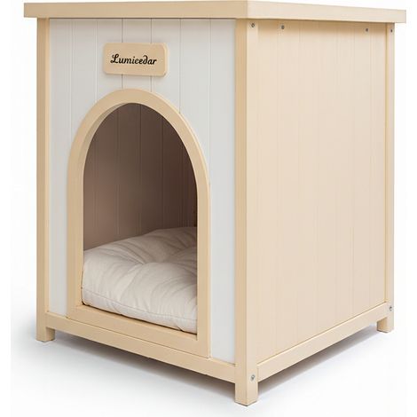 Cuccia in legno per cani piccoli e gatti con cuscino, stile scandinavo, colore crema, FSC (1/5)