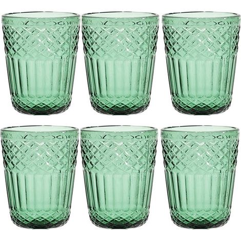Set 6 Bicchieri Acqua in Pasta di Vetro Colorato Verde Antico 30cl con Lavorazione a Rilievo e Decoro imperiale Stile Vintage per Casa e Ristorazione eleganzae particolarita' per una tavola speciale