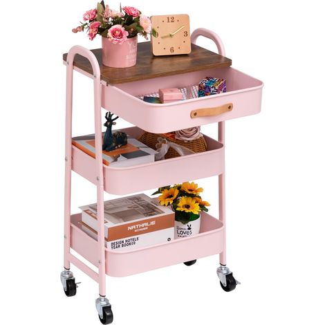 Chariot de Rangement Métal avec Tiroir Chariot de Service 3 Niveaux Desserte Chariots Cuisine Chariots de Service Roulant pour Chambre Salle de Bain Bureau, Rose (1/5)