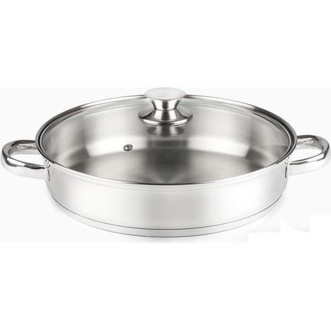 Casserole en acier inoxydable 18/10-30 cm Ø x 6,5 cm, capacité 4,6 litres, avec couvercle en verre, poignées creuses et fermes (1/2)