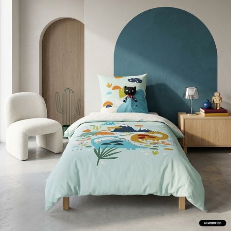 sweeek - Parure de lit coton réversible vert d'eau imprimé dinosaures 1 place 140 x 200cm - Dino (1/5)