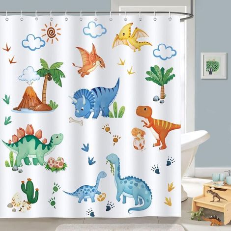 Tenda da doccia 180 x 180 cm con motivo dinosauri, tenda da bagno per bambini, tessuto in poliestere, antimuffa, impermeabile, lavabile - Crezuo (1/4)