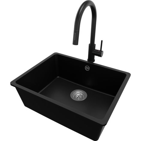 PRIMAGRAN Evier Sous Plan 56x44cm, Evier en Granit 1 bac + Robinet 40x20cm + Kit de Vidage, Évier au meuble 60cm - Venise Easy, Noir (1/5)