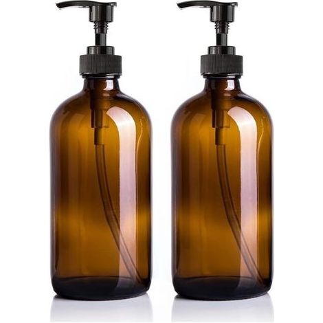 2 pièces Distributeur de savon, bouteille en verre ambré 500 ml avec pompe, pour savon mains/vaisselle/shampoing, réutilisable (1/3)