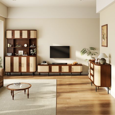 Set di mobili da soggiorno composto da 3 pezzi: mobile TV da 180 cm, credenza e armadio alto, in MDF color noce con gambe in metallo (1/5)