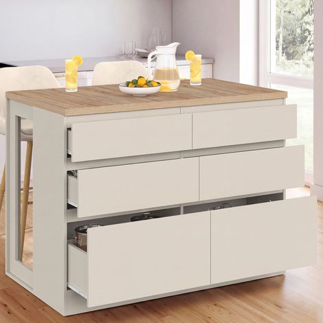Isla central ORSO de 120 cm con cacerolero beige de 6 cajones y encimera efecto madera (1/5)